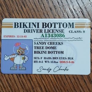 SANDY Driver License ID Laminated Card SPONGEBOB Cartoon Prop Cosplay Kid Gift